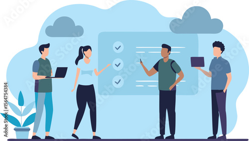Team collaboration with checklist and devices in a modern office environment illustration design