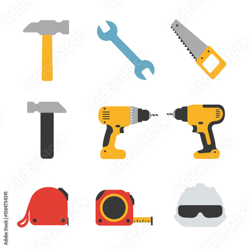 A collection of construction tools including hammers, wrenches, saws, drills, tape measures, and a hard hat.