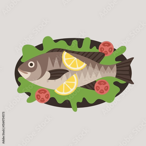 Baked Fish Lemon Tomatoes Greens Dark Plate Food Illustration vector