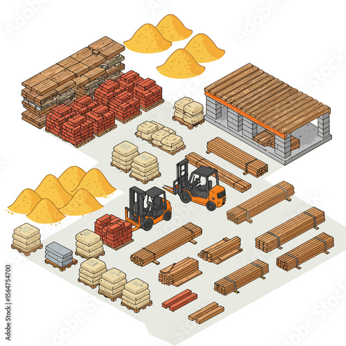 Isometric illustration of a construction site with materials: bricks, lumber, sand, cement, and forklifts.