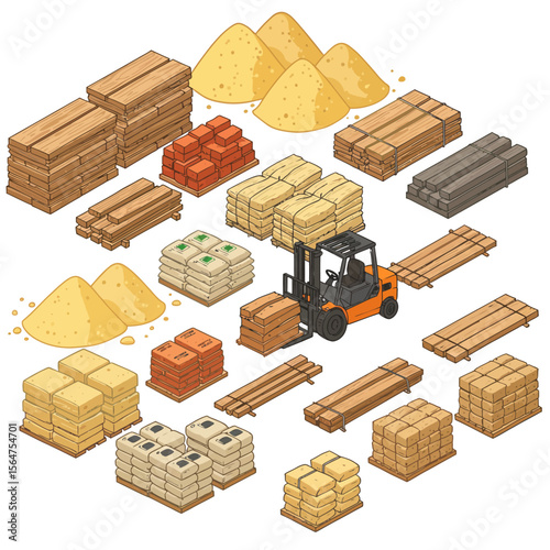 Isometric illustration of construction materials and a forklift.
