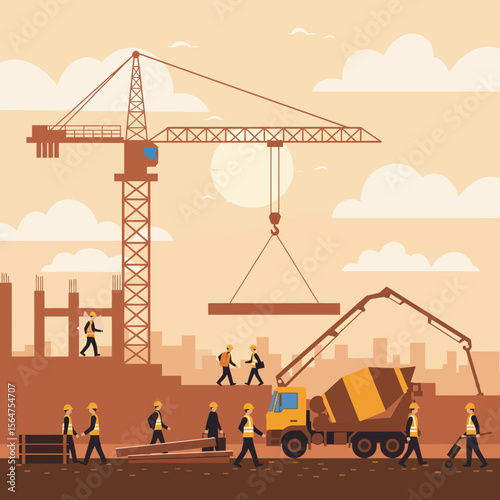Construction workers building a structure with cranes and cement mixer.