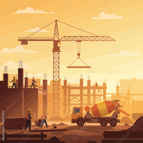 Construction workers busy on a building site with crane and concrete mixer.