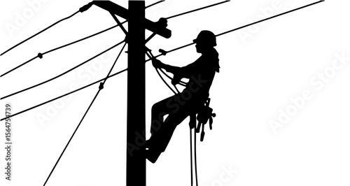 Silhouette of a lineman working on power lines atop a utility pole against a white background image view