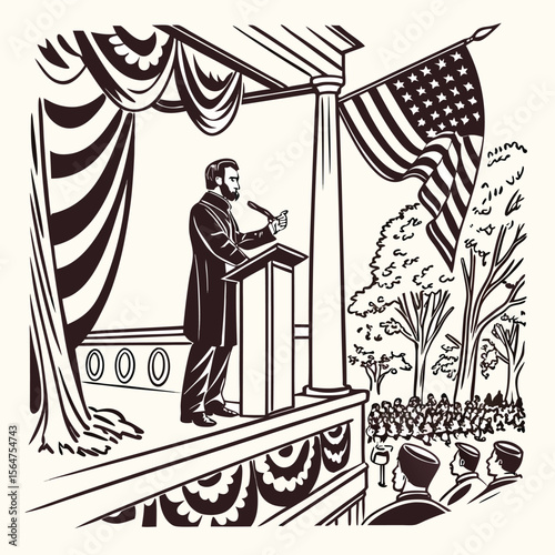 Detailed Line Art Portrait Illustration of Abraham Lincoln a Historical Figure Standing in Black and White