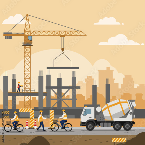 Construction site scene with workers, crane lifting concrete, cement truck, and cyclists on a street with a building under construction.