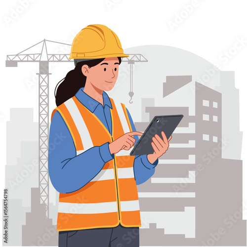 A female construction worker wearing safety gear uses a tablet device.