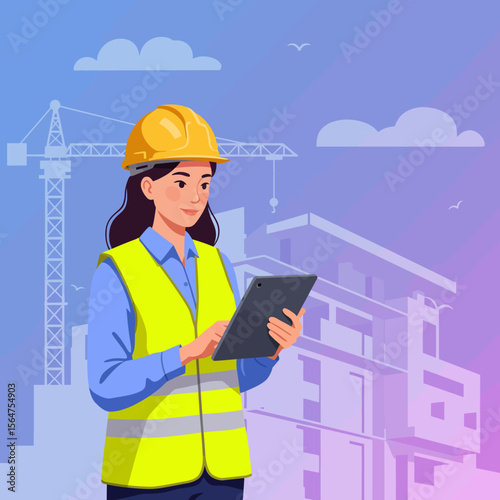 A female construction worker wearing a hard hat and vest uses a tablet on a building site.