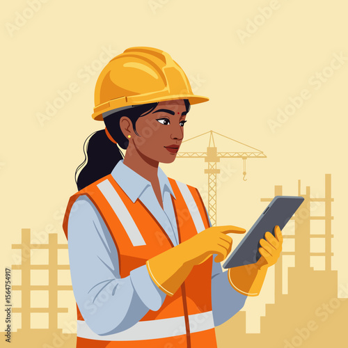 A female construction worker in safety gear uses a tablet on a construction site.