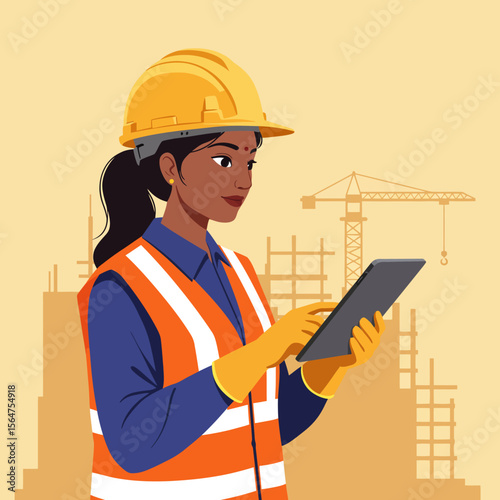 A female construction worker wearing safety gear using a digital tablet on site.
