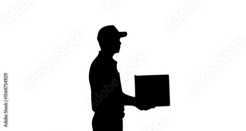 Silhouette of a delivery man in a cap holding a box in his hands against a white background image