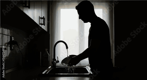 Silhouette of a person washing dishes at the sink in front of a window with bright light shining through it