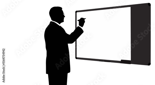 Silhouette of a man in a suit writing on a whiteboard during a presentation or teaching session
