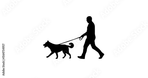 Silhouette of a person walking a dog on a leash in a simple black and white vector illustration style
