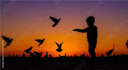 Silhouette of a boy feeding birds at sunset with orange and purple sky in the background scene outdoors