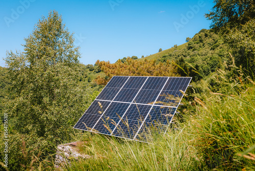Clean solar energy panels in alpine meadow