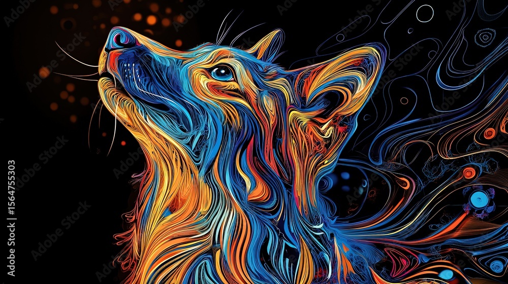 Fototapeta Dynamic colorful line art illustration of a howling wolf with vibrant gradient colors, abstract fluid lines, and modern aesthetic perfect for digital art, brand designs, marketing materials