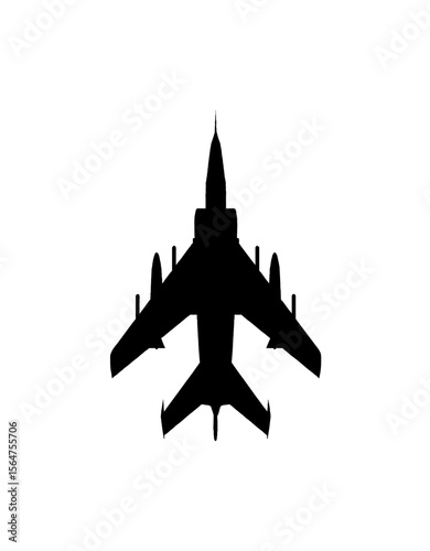 A stark black silhouette of a military jet aircraft, viewed from above.