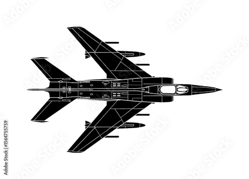 Top-down view of a black silhouette of a military jet fighter, showcasing its wings, fuselage, and weaponry.