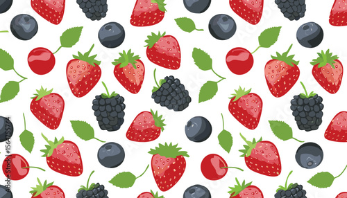 Berry summer seamless vector pattern. Ripe berries. Strawberries, cherries, blackberries, raspberries.fruit, ripe, illustration, cherry, design, leaf, nature, pattern, red, vector, berry, food, summer
