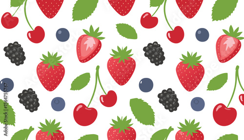 Berry summer seamless vector pattern. Ripe berries. Strawberries, cherries, blackberries, raspberries.fruit, ripe, illustration, cherry, design, leaf, nature, pattern, red, vector, berry, food, summer