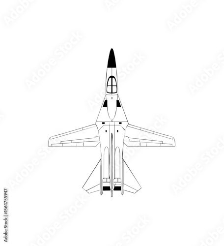 Top-down schematic drawing of a fighter jet, showcasing its wings, fuselage, and cockpit.