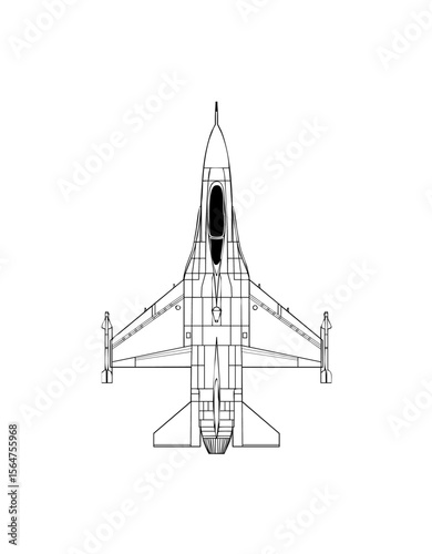 Overhead schematic drawing of a fighter jet, showcasing its structural details and design.