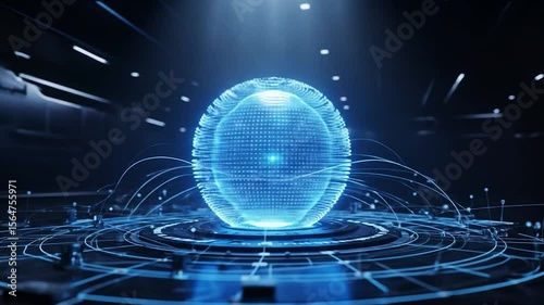 Futuristic Blue Sphere: Technology Core with Data Connections and Glowing Light