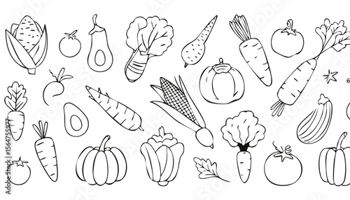 Vegetables doodle drawing collection such as carrots, corn, lettuce, broccoli, tomato, pepper, potato, etc. hand-drawn vector illustrations of doodles in black,doodle, product, vegetable, corn, 