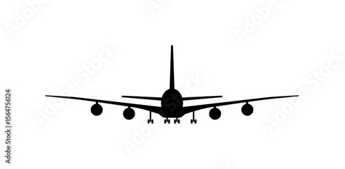 A black silhouette of a large passenger jet airplane, viewed from the front.