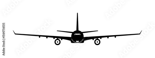 A black silhouette of a passenger airplane, facing forward, with wings.