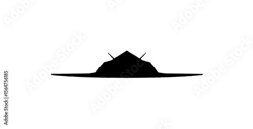 Silhouette of a stealth aircraft, viewed from the front, against a white background.