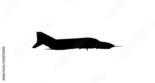 Silhouette of a fighter jet against a bright white background.