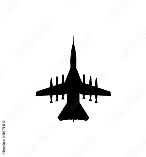 Silhouette of a military fighter jet with missiles, viewed from above, against a white background.
