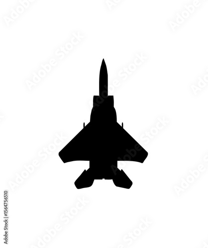 Silhouette of a military fighter jet, viewed from directly above.