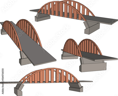 vector sketch illustration of architectural design of old classic vintage wooden and concrete bridge construction