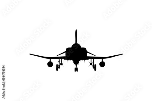 Silhouette of a military jet aircraft, viewed from behind.