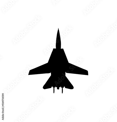 A black silhouette of a military jet fighter, viewed from above.