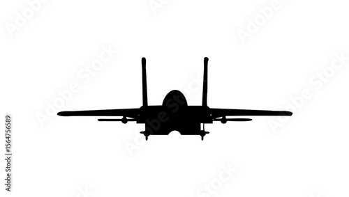 Silhouette of a jet fighter plane against a stark white background.