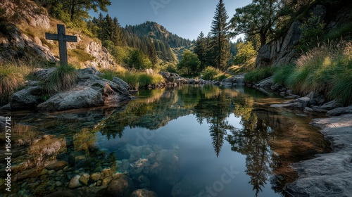 Tranquil mountain stream reflecting trees and rocky landscape in a serene wilderness setting