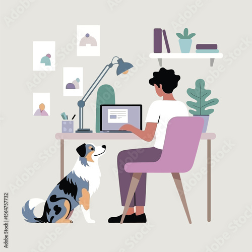 Person Working From Home at Desk with Laptop and Australian Shepherd Dog vector