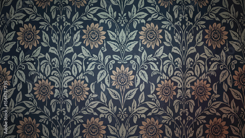 Dark teal background showcases a symmetric floral pattern with sunflowers and leaves evoking a vintage, damask-like appearance.