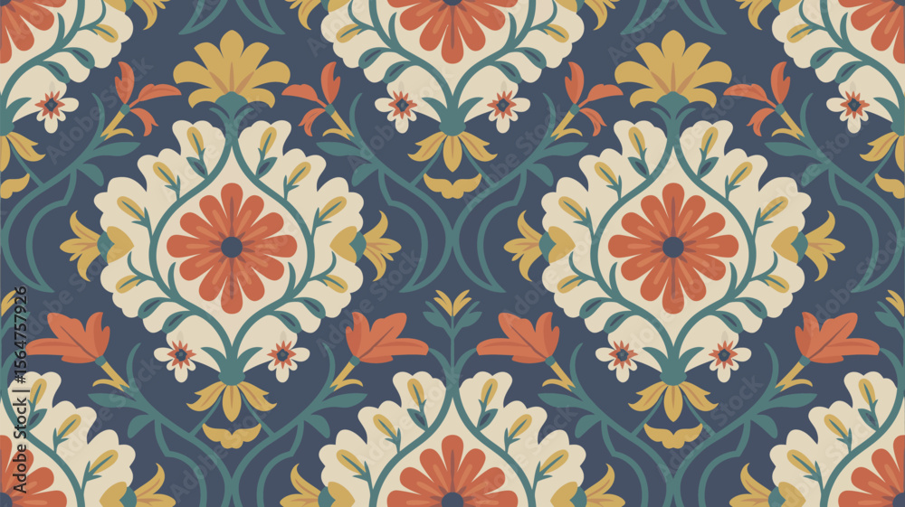 Fototapeta premium Seamless floral pattern showcases a harmonious blend of flowers, leaves, and swirls in a repeating elegant textile design.