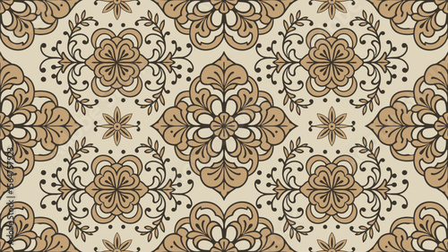 Ornamental floral pattern in tan and brown hues creates a classic damask style, perfect for adding a refined touch to designs.