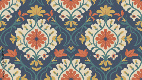 Seamless floral pattern showcases a harmonious blend of flowers, leaves, and swirls in a repeating elegant textile design.