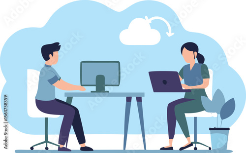 Illustration of two people working at desks with a cloud above them in a modern office space