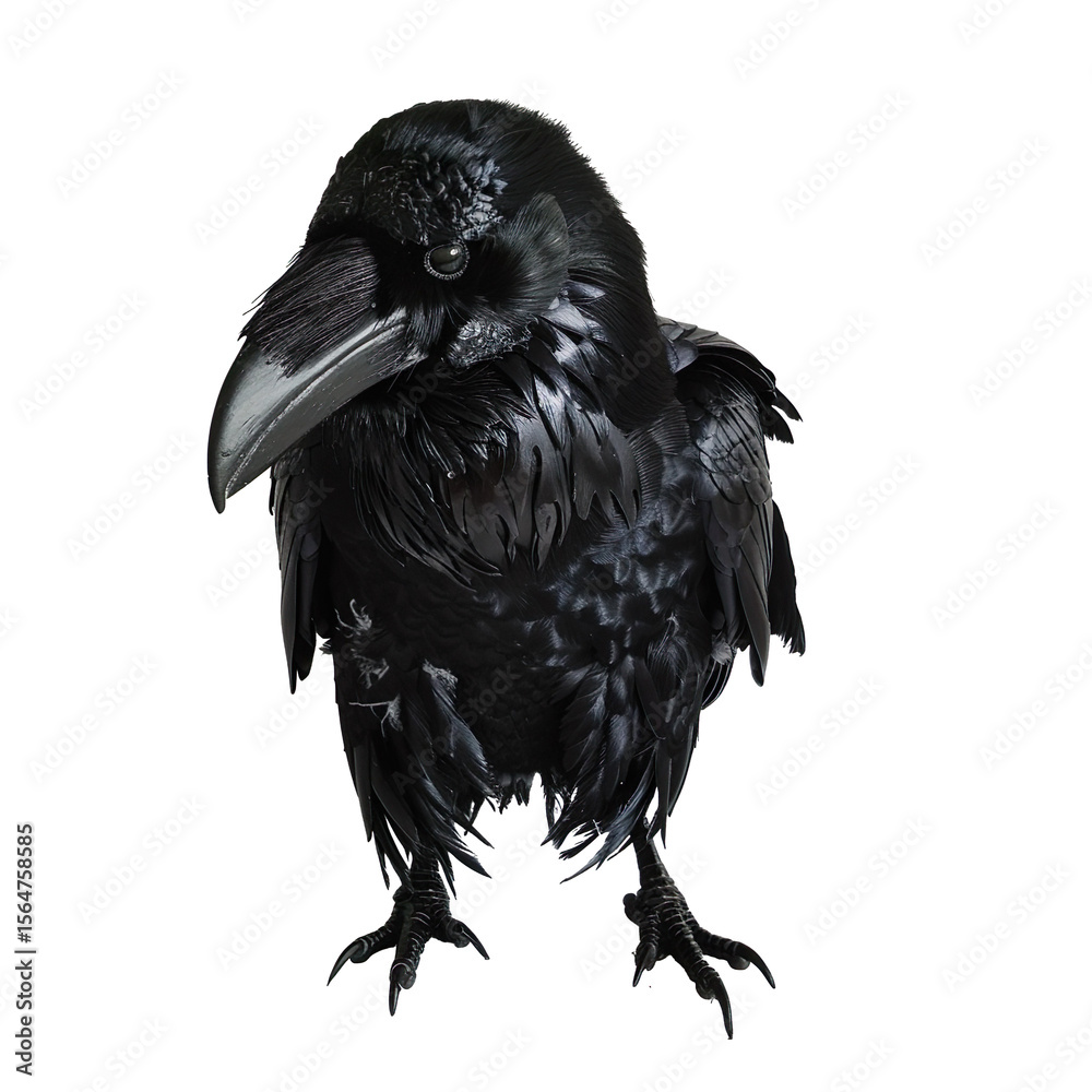 Fototapeta premium Imagine a front view shot of a lifelike raven figurine with glossy feathers and sharp beak, against a clean white background