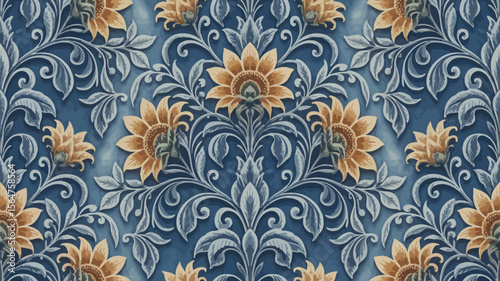 Elegant sunflower floral pattern with swirling leaves on a deep blue background, creating a vintage and ornate botanical design.