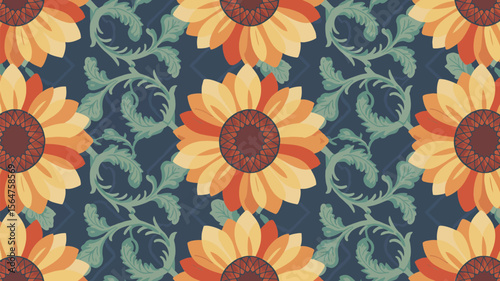 Exquisite botanical floral pattern featuring vibrant sunflowers and delicate foliage on a navy backdrop, creating a rich aesthetic.