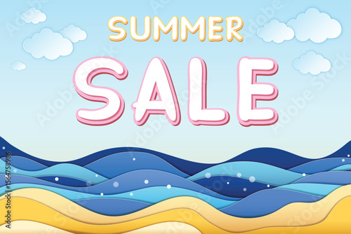 Minimalist summer sale banner in paper craft style featuring Summer sale inscription, sea, beach and clouds. Vector EPS, 3D, eazy to edit